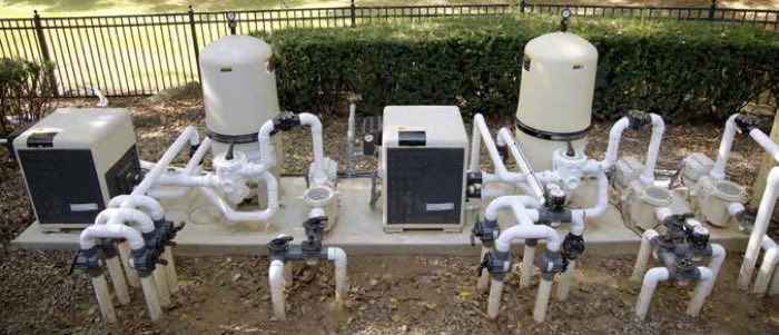 Pool equipment pad with filters, heaters and plumbing
