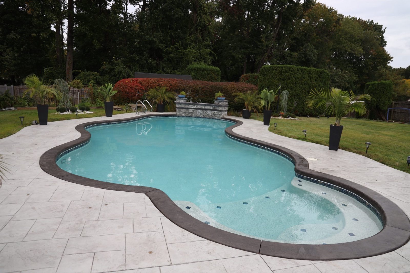 Kidney pool with stamped-concrete deck and new coping